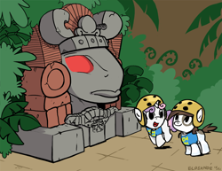 Size: 1000x770 | Tagged: safe, artist:elosande, imported from derpibooru, pipsqueak, sweetie belle, crossover, duo, female, helmet, legends of the hidden temple, male, olmec, shipping, straight, sweetiesqueak