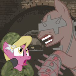 Size: 500x500 | Tagged: safe, artist:etonyoc, imported from derpibooru, lily, lily valley, cyborg, cyber mutant, fleshpound, killing floor, mutant, mutated pony, ponified, scared, the horror