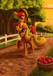 Size: 600x861 | Tagged: safe, artist:tsitra360, imported from derpibooru, apple bloom, applejack, earth pony, pony, accessory swap, adorabloom, apple, apple bloom riding applejack, bucket, cute, female, filly, foal, mare, ponies riding ponies, riding, sisters, sunset, sweet apple acres, tree