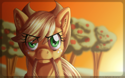 Size: 900x563 | Tagged: safe, artist:inuhoshi-to-darkpen, imported from derpibooru, applejack, pony, female, looking at you, mouth hold, rope, solo, sunset