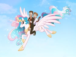 Size: 859x640 | Tagged: safe, artist:la-nita, imported from derpibooru, princess celestia, human, :i, crossover, disappointed, flying, gregory house, grin, grumpy, house m.d., james wilson, open mouth, riding, smiling, sparkles, spread wings, wide eyes