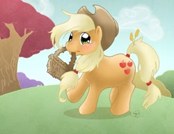 Size: 610x469 | Tagged: safe, artist:caravaggia, imported from derpibooru, applejack, pony, basket, female, mouth hold, solo, tree