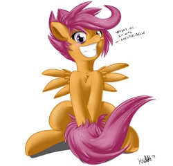 Size: 1000x960 | Tagged: safe, artist:knifeh, imported from derpibooru, scootaloo, blushing, chest fluff, dialogue, signature, simple background, tail censor, white background