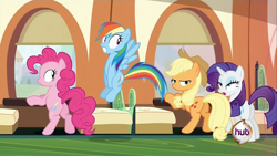 Size: 1920x1080 | Tagged: safe, imported from derpibooru, screencap, applejack, pinkie pie, rainbow dash, rarity, pony, a canterlot wedding, season 2, against wall, butt, faic, female, invisible stallion, mare, out of context, plot, train