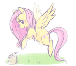 Size: 800x691 | Tagged: safe, artist:zayger, imported from derpibooru, fluttershy, pegasus, pony, rabbit, animal, blushing, cute, female, flying, looking at something, mare, open mouth, open smile, pegasus wings, raised leg, shyabetes, smiling, solo, spread wings, wings