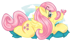 Size: 849x496 | Tagged: safe, artist:nerdshark, imported from derpibooru, fluttershy, butterfly, pegasus, pony, anatomically incorrect, blushing, female, incorrect leg anatomy, looking at you, mare, pillow, profile, prone, solo, wings