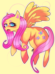 Size: 675x905 | Tagged: safe, artist:cassup0p, artist:gullacass, imported from derpibooru, fluttershy, pegasus, pony, abstract background, blushing, female, looking at you, mare, open mouth, outline, solo, spread wings, three quarter view, wings