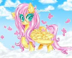 Size: 1175x939 | Tagged: safe, artist:glowbunny, imported from derpibooru, fluttershy, butterfly, pegasus, pony, blushing, cloud, ear fluff, eye clipping through hair, female, looking at you, mare, on a cloud, raised hoof, sky, smiling, solo, spread wings, standing, wings