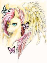 Size: 600x797 | Tagged: dead source, safe, artist:whitespiritwolf, imported from derpibooru, fluttershy, butterfly, pegasus, pony, bust, female, solo, traditional art