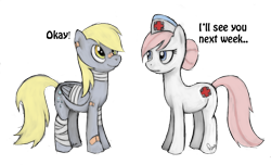 Size: 1000x606 | Tagged: safe, artist:armacasio, imported from derpibooru, derpy hooves, nurse redheart, pegasus, pony, bandage, bandaid, duo, duo female, female, mare, simple background, transparent background