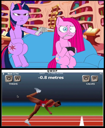 Size: 878x1071 | Tagged: safe, artist:terry, imported from derpibooru, pinkie pie, twilight sparkle, earth pony, pony, unicorn, at gunpoint, exploitable meme, female, gun, gun meme, mare, meme, qwop, threatening, weapon