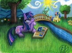 Size: 3275x2380 | Tagged: safe, artist:etjonas, imported from derpibooru, bon bon, lyra heartstrings, sweetie drops, twilight sparkle, book, high res, traditional art