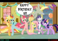 Size: 1500x1054 | Tagged: safe, artist:tiarawhy, imported from derpibooru, applejack, derpy hooves, fluttershy, pinkie pie, rainbow dash, rarity, spike, twilight sparkle, dragon, pegasus, pony, balloon, bipedal, birthday, blushing, cake, cider, confetti, female, food, hat, male, mane seven, mare, mug, party hat, party horn, present