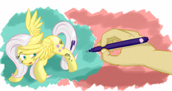 Size: 3800x2000 | Tagged: safe, artist:osakaoji, imported from derpibooru, fluttershy, pony, brony, drawn into existence, duo, hand, high res, ink, my little pony logo, pen