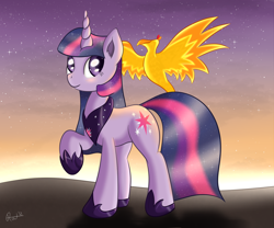 Size: 1200x1000 | Tagged: safe, artist:ratofdrawn, imported from derpibooru, peewee, twilight sparkle, phoenix, pony, unicorn, duo, ethereal mane, female, hoof shoes, jewelry, mare, older, peytral, princess, raised hoof, regalia, signature, spread wings, starry mane, twilight (astronomy), unicorn twilight, wings