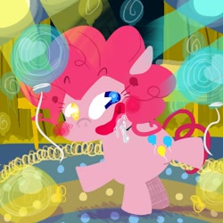 Size: 500x500 | Tagged: safe, artist:krystal's art blog, imported from derpibooru, pinkie pie, earth pony, pony, balloon, blushing, drool, female, mare, solo