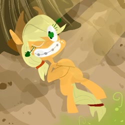 Size: 500x500 | Tagged: safe, artist:krystal's art blog, artist:krystal-the-fox, imported from derpibooru, applejack, pony, braces, female, grin, on back, solo, wink