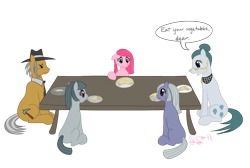 Size: 1144x770 | Tagged: safe, artist:alipes, imported from derpibooru, cloudy quartz, igneous rock pie, limestone pie, marble pie, pinkie pie, earth pony, pony, eating, female, filly, floppy ears, frown, hay, herbivore, male, mare, pie family, pinkamena diane pie, puffy cheeks, quartzrock, sad, simple background, sitting, smiling, stallion, table, transparent background