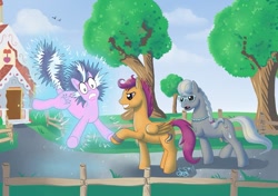 Size: 1271x895 | Tagged: safe, artist:alipes, imported from derpibooru, diamond tiara, scootaloo, silver spoon, pony, prank, trio