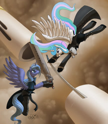 Size: 1178x1357 | Tagged: safe, artist:alipes, imported from derpibooru, princess celestia, princess luna, pony, cloud strife, fight, final fantasy, final fantasy vii, s1 luna, sephiroth