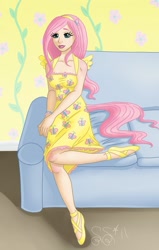 Size: 748x1177 | Tagged: safe, artist:alipes, imported from derpibooru, fluttershy, human, clothes, dress, humanized, solo, tailed humanization, winged humanization