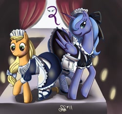 Size: 1081x1006 | Tagged: safe, artist:alipes, imported from derpibooru, applejack, princess luna, pony, clothes, duo, maid, mary janes, s1 luna