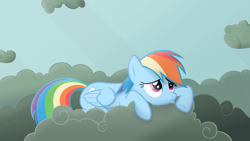 Size: 2560x1440 | Tagged: safe, artist:regolithx, imported from derpibooru, rainbow dash, pony, cloud, cloudy, female, pouting, sad, solo, wallpaper