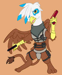 Size: 1024x1231 | Tagged: safe, artist:irkengeneral, imported from derpibooru, oc, oc only, oc:henrietta firebright, griffon, fallout equestria, fallout equestria: pink eyes, bipedal, fallout, female, gun, handgun, open mouth, pistol, simple background, weapon, wings