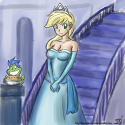 Size: 1280x1280 | Tagged: safe, artist:johnjoseco, artist:michos, imported from derpibooru, applejack, soarin', frog, human, blonde, blonde hair, breasts, busty applejack, cleavage, clothes, colored, colored pupils, cute, disney, disney princess, dress, eyes on the prize, female, grin, humanized, implied soarinjack, jackabetes, looking at you, pie, princess tiana, smiling, solo focus, species swap, stairs, the princess and the frog, tiana