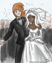 Size: 667x800 | Tagged: safe, artist:johnjoseco, artist:michos, color edit, edit, imported from derpibooru, big macintosh, zecora, human, colored, dark skin, female, humanized, macora, male, marriage, shipping, straight, wedding