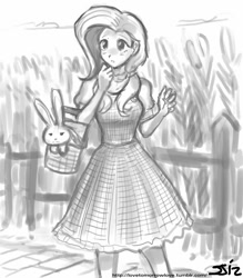 Size: 735x840 | Tagged: safe, artist:johnjoseco, imported from derpibooru, angel bunny, fluttershy, human, clothes, crossover, dorothy, dorothy gale, dress, grayscale, humanized, monochrome, the wizard of oz, toto