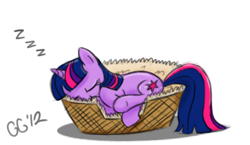 Size: 446x258 | Tagged: safe, artist:gloomygoomba, imported from derpibooru, twilight sparkle, pony, unicorn, basket, eyes closed, female, lying down, mare, on side, side, simple background, sleeping, solo, underhoof, unicorn twilight, white background, zzz