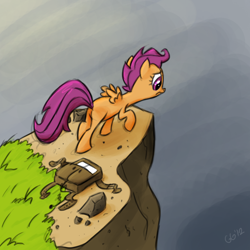 Size: 1000x1000 | Tagged: safe, artist:gloomygoomba, imported from derpibooru, scootaloo, pony, cliff, female, solo