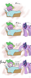 Size: 1200x3000 | Tagged: safe, artist:muffinsforever, imported from derpibooru, spike, twilight sparkle, dragon, pony, bed, comic, male, pillow, sleeping