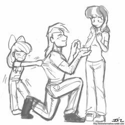 Size: 850x850 | Tagged: safe, artist:johnjoseco, imported from derpibooru, apple bloom, big macintosh, cheerilee, human, cheerimac, engagement ring, female, grayscale, humanized, love poison, male, marriage proposal, monochrome, ring, shipping, straight