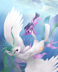 Size: 2000x2500 | Tagged: dead source, safe, artist:mlpanon, imported from derpibooru, princess celestia, twilight sparkle, alicorn, pony, unicorn, duo, female, filly, filly twilight sparkle, high res, ocean, swimming, teacher and student, underwater, unicorn twilight, younger