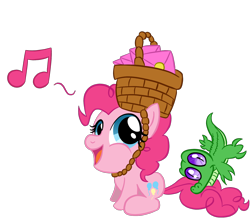 Size: 1678x1477 | Tagged: safe, artist:infernaldalek, imported from derpibooru, gummy, pinkie pie, party of one, basket, biting, chibi, cute, diapinkes, duo, invitation, letter, music notes, open mouth, tail bite