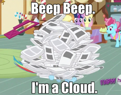 Size: 638x500 | Tagged: safe, edit, edited screencap, imported from derpibooru, screencap, applejack, cup cake, fluttershy, rainbow dash, twilight sparkle, ponyville confidential, beep beep, cropped, image macro, newspaper