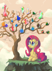 Size: 1400x1900 | Tagged: safe, artist:docwario, imported from derpibooru, fluttershy, bird, pegasus, pony, female, folded wings, mare, sitting, smiling, solo, under the tree, wings