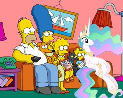 Size: 864x688 | Tagged: safe, artist:stinkehund, edit, imported from derpibooru, princess celestia, alicorn, cat, dog, human, pony, couch, couch gag, crossover, female, frown, homer simpson, lisa simpson, maggie simpson, male, mare, marge simpson, replacement, santa's little helper, sitting, smiling, snowball ii, the simpsons