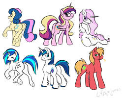 Size: 1422x1138 | Tagged: safe, artist:calicopikachu, imported from derpibooru, big macintosh, bon bon, dj pon-3, fleur-de-lis, princess cadance, shining armor, sweetie drops, vinyl scratch, alicorn, earth pony, pony, unicorn, bedroom eyes, butt, eyes closed, female, hair over one eye, looking at you, looking back, male, mare, plot, pose, raised hoof, raised leg, sitting, smiling, stallion, trotting, underhoof, unshorn fetlocks