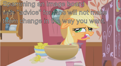 Size: 640x350 | Tagged: safe, imported from derpibooru, applejack, pony, derpibooru, bronyetiquette, female, image macro, meta, solo, text