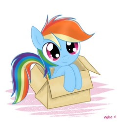 Size: 1500x1500 | Tagged: safe, artist:mcsadat, imported from derpibooru, rainbow dash, pegasus, pony, fanfic:my little dashie, abstract background, box, cardboard box, cute, dashabetes, fanfic art, female, filly, filly rainbow dash, mare, pony in a box, signature, simple background, sitting, smiling, solo