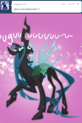 Size: 698x1037 | Tagged: safe, artist:tarajenkins, imported from derpibooru, queen chrysalis, changeling, changeling queen, cupidite, ask, awesome face, dialogue, faic, fangs, female, flehmen response, hoers, horses doing horse things, looking up, nightmare fuel, raised hoof, smiling, solo, standing, tumblr, uguu