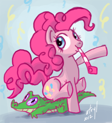 Size: 452x500 | Tagged: safe, artist:atryl, imported from derpibooru, gummy, pinkie pie, pony, duo, party horn