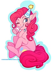 Size: 650x850 | Tagged: safe, artist:stripesandteeth, artist:vani, imported from derpibooru, pinkie pie, earth pony, pony, hat, looking back, one eye closed, party hat, party horn, sitting, solo, wink