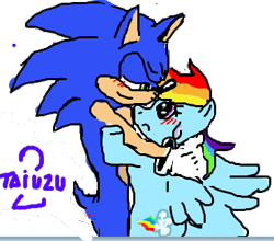 Size: 369x325 | Tagged: dead source, safe, artist:taiuzu2, imported from derpibooru, rainbow dash, pegasus, pony, blushing, crossover, crossover shipping, female, interspecies, male, shipping, sonic the hedgehog, sonic the hedgehog (series), sonicdash, straight