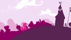 Size: 1920x1080 | Tagged: safe, artist:moabite, imported from derpibooru, pinkie pie, earth pony, pony, cloud, female, hooves, lineless, mare, minimalist, ponyville, ponyville schoolhouse, school, silhouette, solo, wallpaper