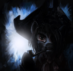 Size: 800x770 | Tagged: safe, artist:averagedraw, imported from derpibooru, pipsqueak, pony, backlighting, beard, bicorne, hair over one eye, hat, male, older, pipe, pirate, pirate hat, solo