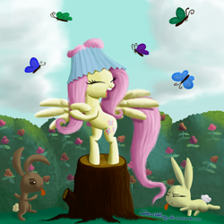 Size: 1000x1000 | Tagged: safe, artist:deathpwny, imported from derpibooru, fluttershy, butterfly, pegasus, pony, rabbit, dancing, hat, lampshade, lampshade hat